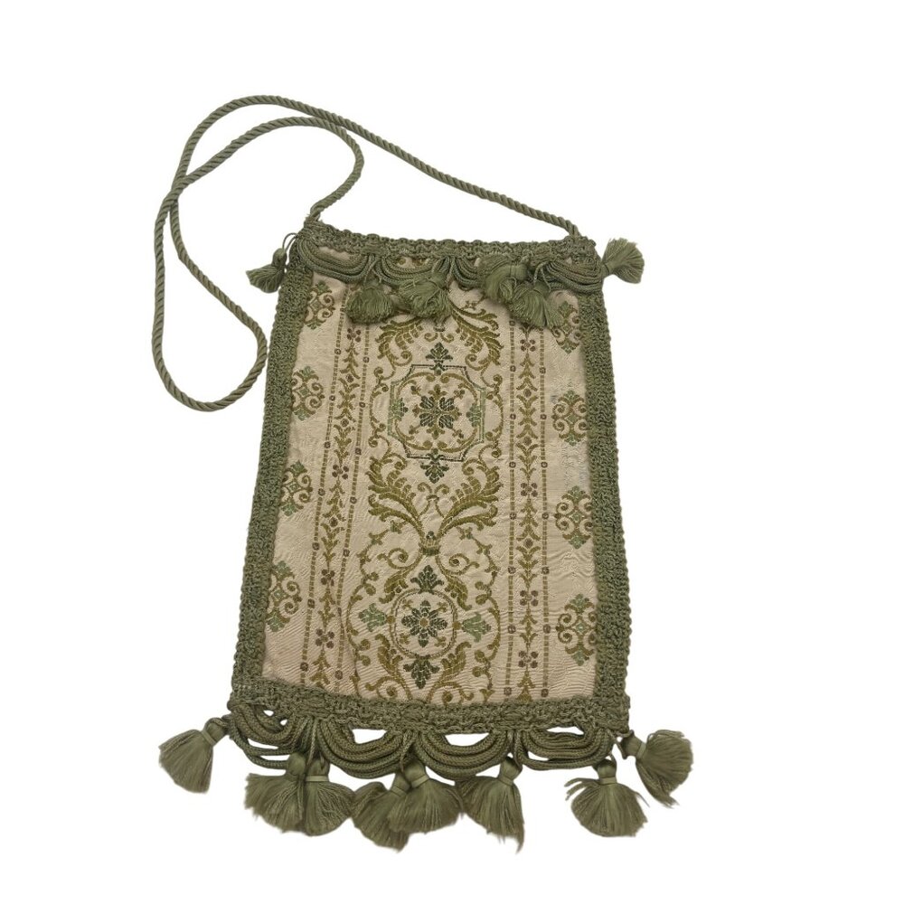 Vintage Green Embroidered Tapestry Pouch Tassels by Carpet Bags of America - Picture 1 of 8